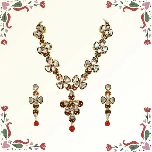Traditional Red Green & White Polki Necklace Earring Set (PS132)