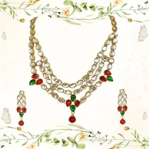 Traditional Red Green White Polki Necklace with Earrings (PS133)