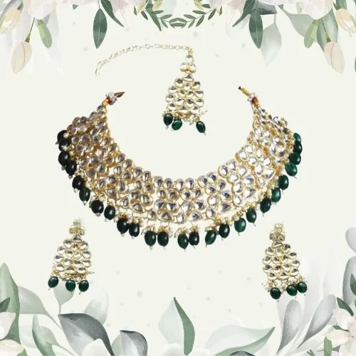 White aA Dazzling Blend of White & Green: Fashion Jewellery Set to Elevate Your Look& Green Stone Gold Plated Fashion Jewellery Set (PS599)