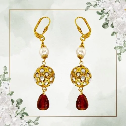 Round Kundan Beads & Red Coloured stone hanging Earrings for Women (SE133)