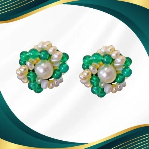 Traditional Real Freshwater Pearl, Green Onyx & Gold Plated Kuda Jodi Earrings (SE35)