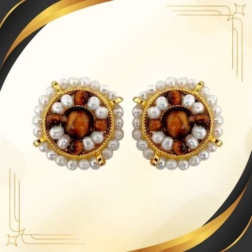 Freshwater Pearl, Tiger Eye & Gold Plated Kuda Jodi Earrings for Women (SE43)