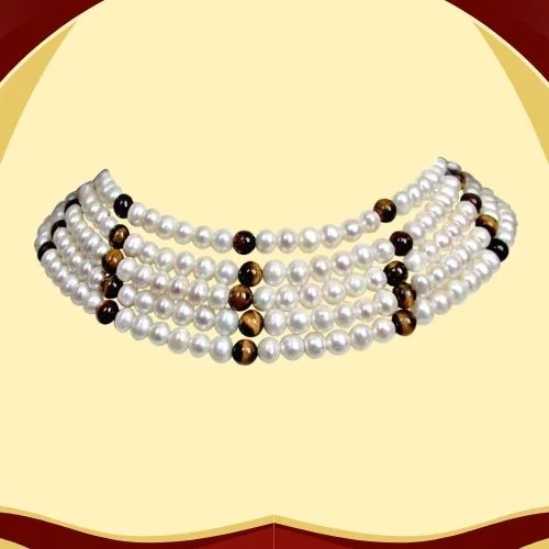 Richness - 5 Line Real Freshwater Pearl & Tiger Eye Beads Choker Necklace for Women (SN83)
