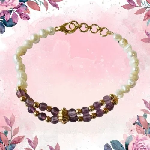 Royal Radiance: Freshwater Pearl, Purple Bead & Gold-Plated Elegance Bracelet (SB79)