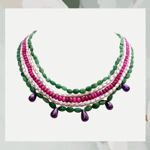 Bohemian Grace - 5 Line Real Emerald, Ruby Beads, Freshwater Pearl Necklace with Drop Sapphire (SN272)