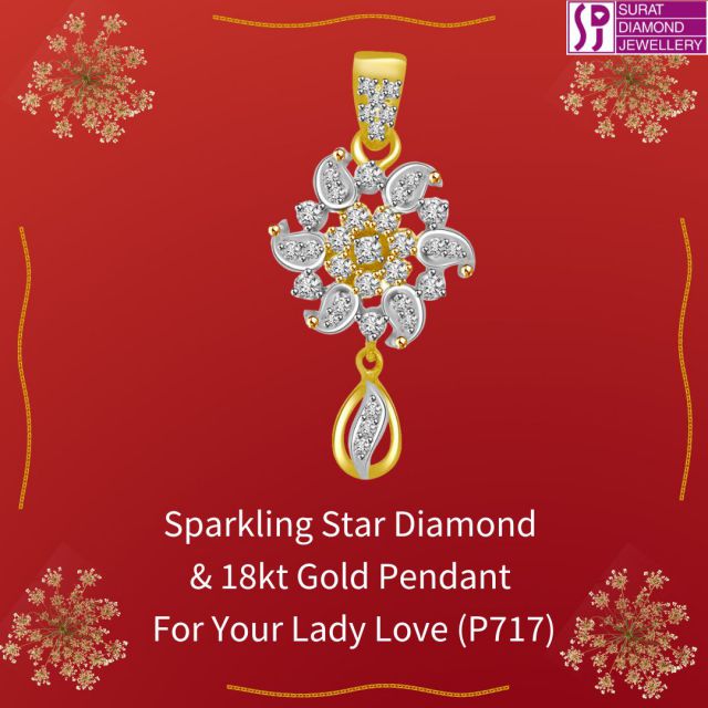 🌟💖**Embrace the Galaxy with our Sparkling Star Diamond & 18kt Gold Pendant for Your Lady Love**💖🌟

Jewellery, oh how we adore thee! A magical constellation that sparkles for an eternity, evoking sweet nostalgia while continuing to bring joy for many moons to come.

Behold, the diamond. A star brought down to Earth just for you. Bursting with the enchanting play of colours; bluish, reddish, or perhaps a delightful cocktail of both. When kissed by light, the diamond bursts into life, sprinkling radiant sparks around, just like a cosmic dance.

Two diamonds might try to fool you into believing they are identical twins. But oh dear, that couldn't be further from the truth! Even if they appear similar in size, their values can be as different as chalk and cheese, thanks to the four virtuosos of the diamond world - the 4 C's: Cut, Colour, Clarity, and Carat Weight.

✨*Diamond Pcs: 35 pcs*
*Diamond Wt: 0.20 cts*
*Diamond Color: I/J*
*Diamond Clarity: VS*
*Gold Wt: 1.500 gms*
*Gold Purity: 18 kt*
*Dimension: h = 2.50 cms*✨

Our Sparkling Star Diamond & 18kt Gold Pendant is the perfect treasure to express your infinite affection. Let this celestial charm around her neck whisper sweet declarations of your love, each and every day.

Don't delay, dear stargazers! Show your affection in the most brilliant way possible. Remember, love is like a shooting star, fleeting and beautiful. So, catch it before it's gone.

💖*Spread the stardust. Illuminate her world. Show your love with the Sparkling Star Diamond & Gold Pendant. BUY NOW!*💖 

Click on :  https://www.suratdiamond.com/pendants/sparkling-star-diamond-diamond-pendants.aspx